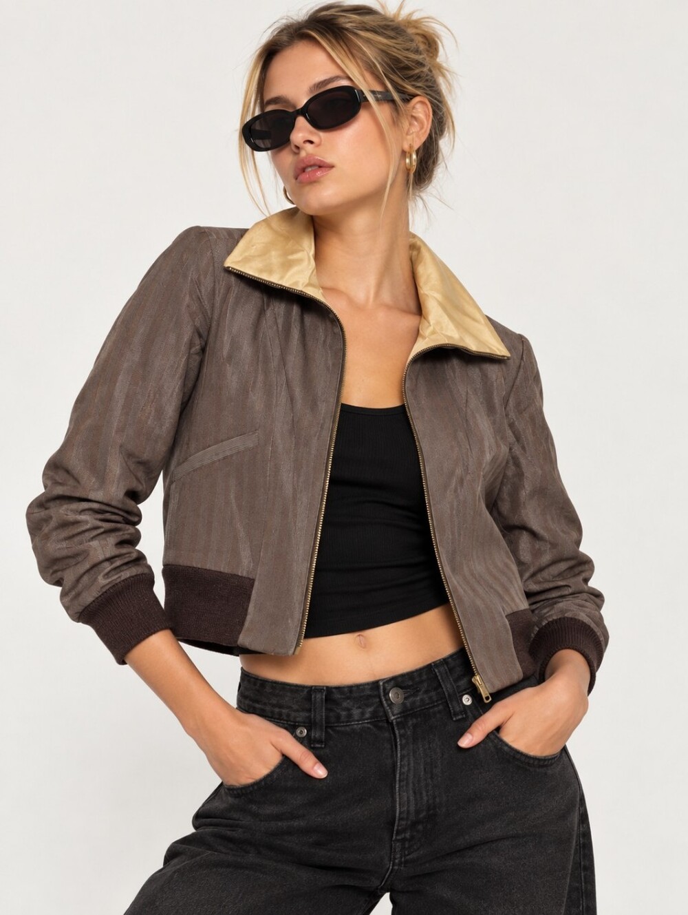 Alice + Olivia Y2K Brown Striped Cropped Bomber Jacket Made NYC Small EUC